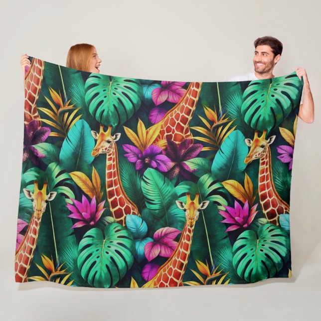 Giraffe Jungle Dreams Seamless Surface Pattern Fleece Blanket (In Situ)