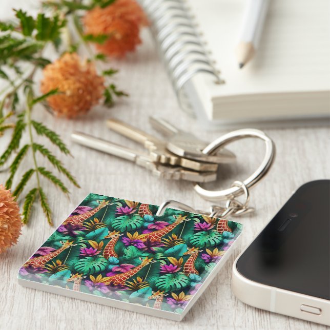 Giraffe Jungle Dreams Seamless Surface Pattern Keychain (Front Right)