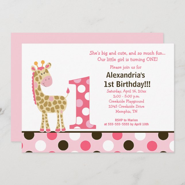 Giraffe Jungle rose 1er Invitation anniversaire 5x (Devant / Derrière)
