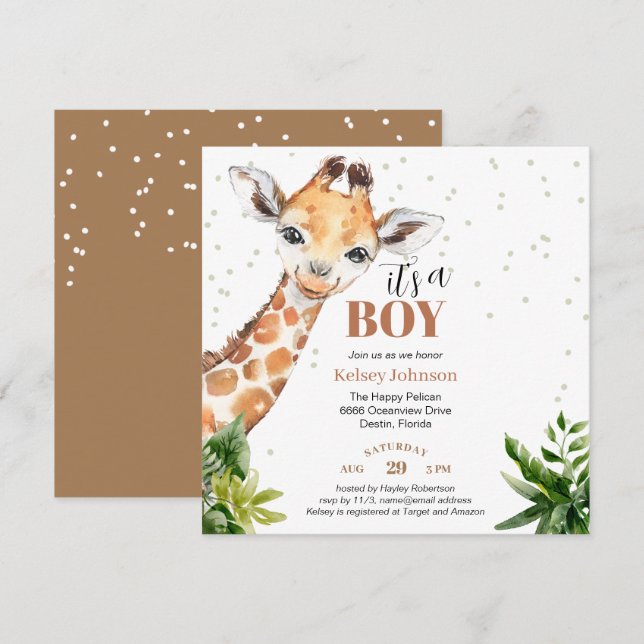 Giraffe Jungle Safari It's a Boy Green Baby Shower Invitation (Front/Back)