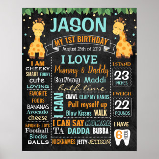 Giraffe Jungle zoo First Birthday chalkboard boy Poster