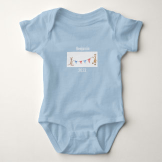 Giraffe Kangaroo Personalized Name Year Blue Baby Bodysuit