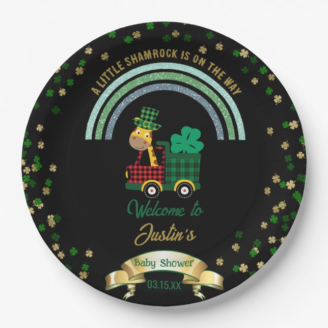 Giraffe Leprechaun Rainbow Baby Shower Welcome Paper Plate (Front)