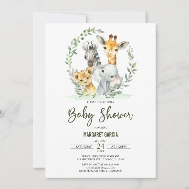Giraffe Lion Safari Jungle  Animals Baby Shower Invitation (Front)