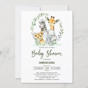 Giraffe Lion Safari Jungle  Animals Baby Shower Invitation