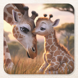 Giraffe Love: Baby Kissing Mom Square Paper Coaster