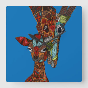 giraffe love blue square wall clock