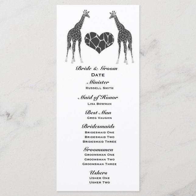 Giraffe Love Wedding Programme (Devant)