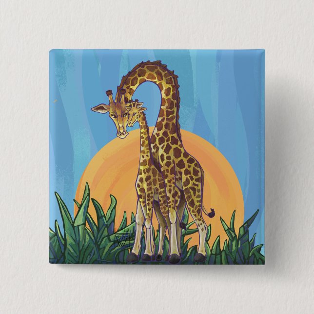Giraffe Mama and Baby 2 Inch Square Button (Front)