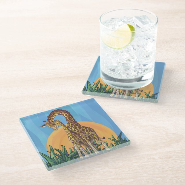 Giraffe Mama and Baby Art Glass Coaster (Angled)