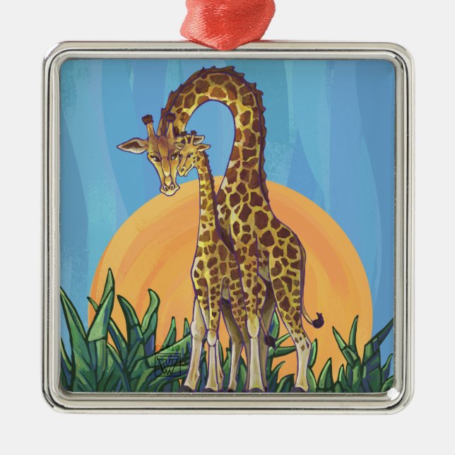 Giraffe Mama and Baby Metal Ornament (Front)