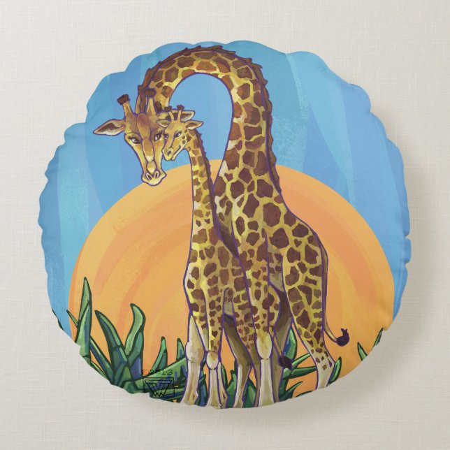 Giraffe Mama and Baby Round Pillow (Front)