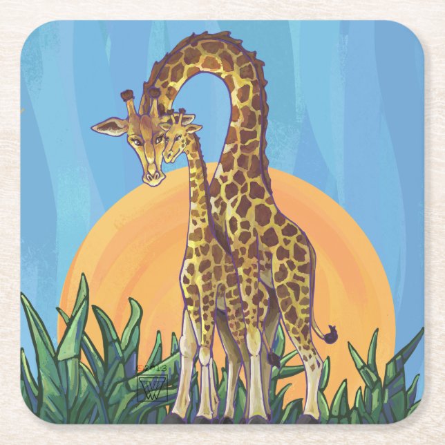 Giraffe Mama and Baby Square Paper Coaster (Front)