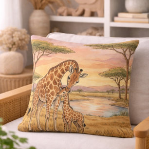 Giraffe Mama And Calf Safari Animals  Throw Pillow
