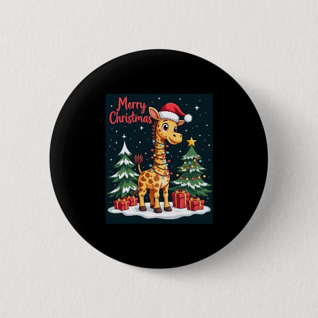 Giraffe Merry Christmas Tree Lighting Santa Giraff 2 Inch Round Button (Front)