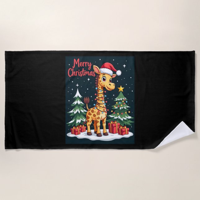 Giraffe Merry Christmas Tree Lighting Santa Giraff Beach Towel (Front)