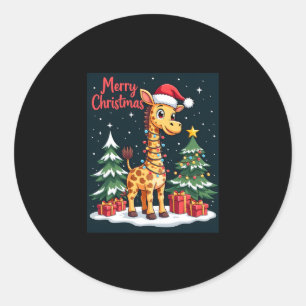 Giraffe Merry Christmas Tree Lighting Santa Giraff Classic Round Sticker
