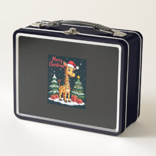 Giraffe Merry Christmas Tree Lighting Santa Giraff Metal Lunch Box