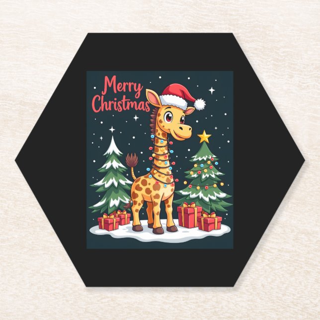 Giraffe Merry Christmas Tree Lighting Santa Giraff Paper Coaster (Front)