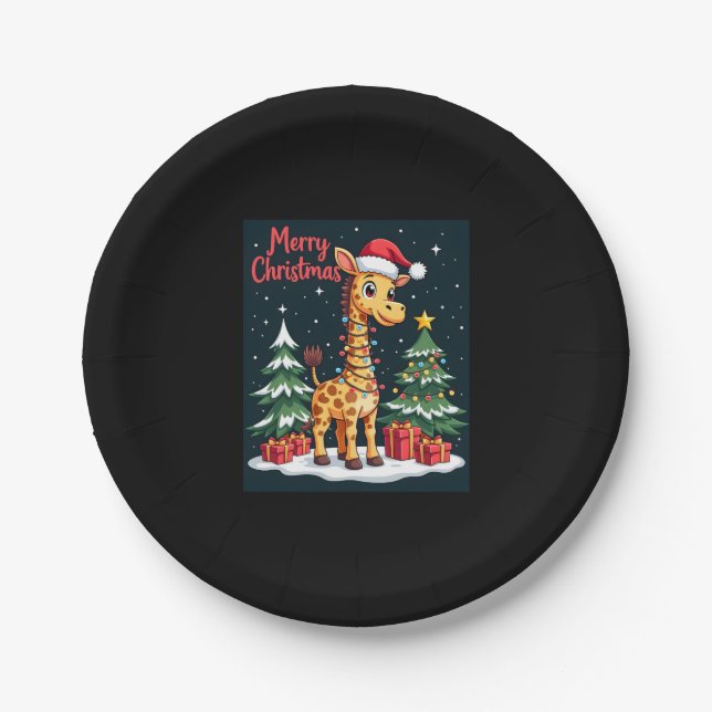 Giraffe Merry Christmas Tree Lighting Santa Giraff Paper Plate (Front)