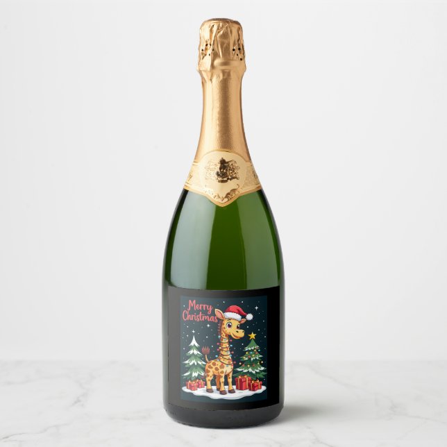 Giraffe Merry Christmas Tree Lighting Santa Giraff Sparkling Wine Label (Front)