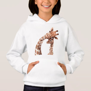 Giraffe mom and cub touching heads