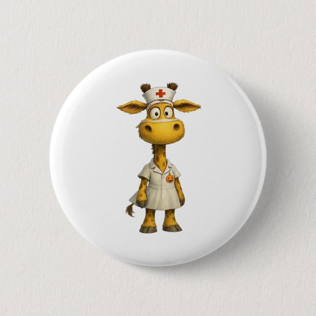 Giraffe Nurse Cartoon – Whimsical Healthcare Hero  2 Inch Round Button (Front)