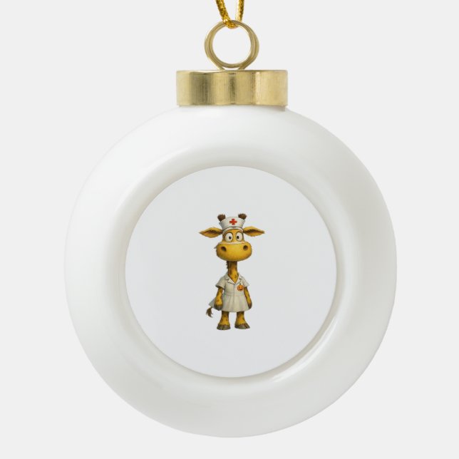 Giraffe Nurse Cartoon – Whimsical Healthcare Hero  Ceramic Ball Christmas Ornament (Front)
