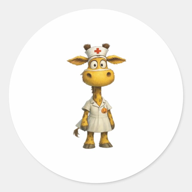Giraffe Nurse Cartoon � Whimsical Healthcare Hero  Classic Round Sticker (Front)