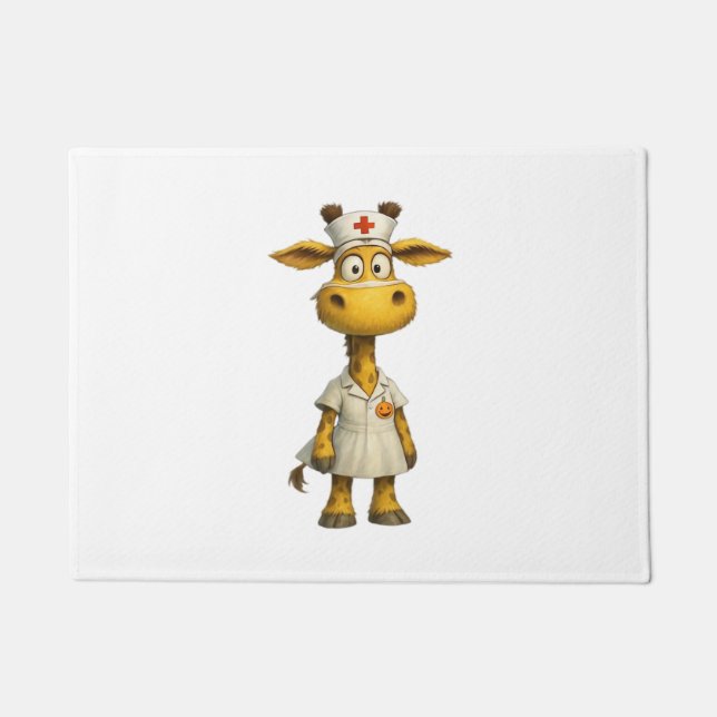 Giraffe Nurse Cartoon – Whimsical Healthcare Hero  Doormat (Front)
