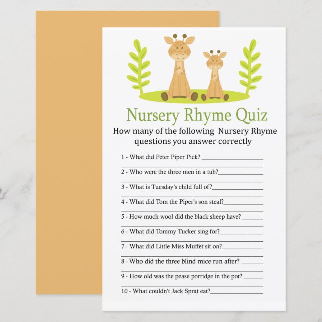 Giraffe Nursery Rhyme Quiz baby shower game (Front/Back)