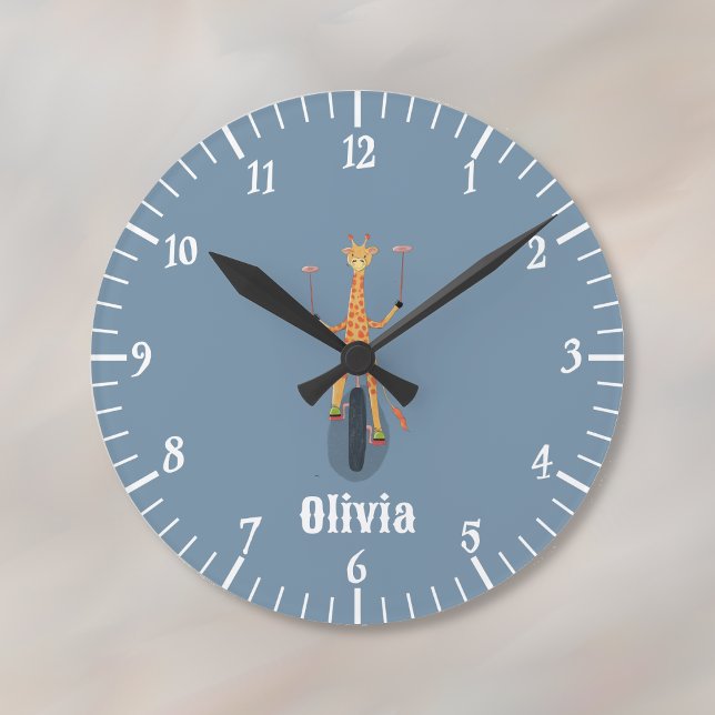 Giraffe on a Unicycle Blue Kid Room Wall Clock (Circus theme nursery room wall clock with baby's name .)