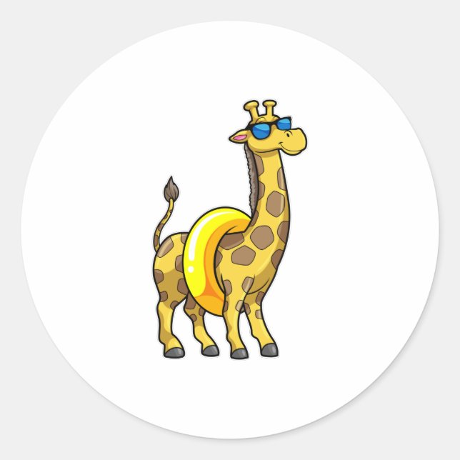 Giraffe on Beach with Swim ring & Sunglasses Classic Round Sticker (Front)