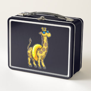Giraffe on Beach with Swim ring & Sunglasses Metal Lunch Box
