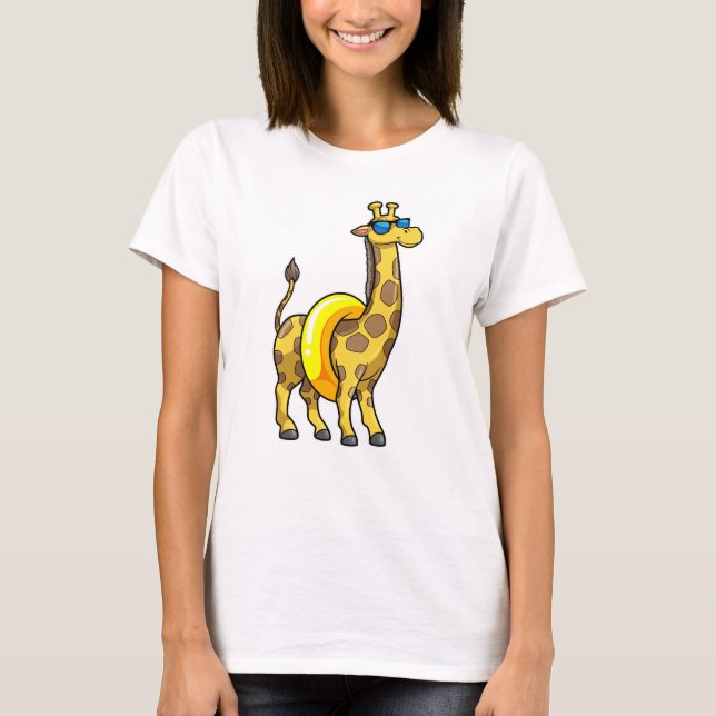 Giraffe on Beach with Swim ring & Sunglasses T-Shirt (Front)