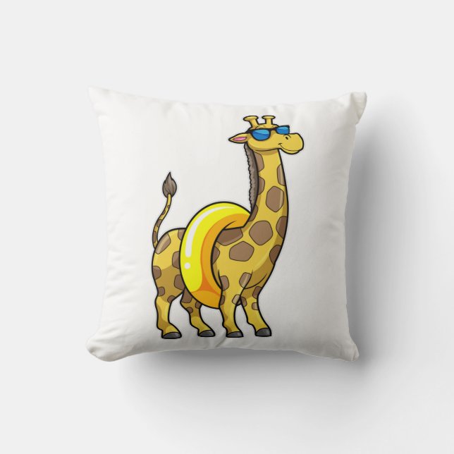 Giraffe on Beach with Swim ring & Sunglasses Throw Pillow (Front)