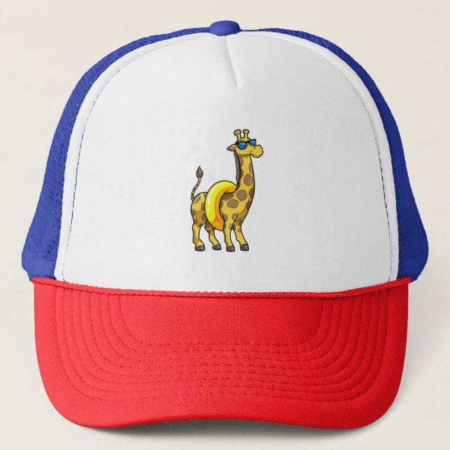 Giraffe on Beach with Swim ring & Sunglasses Trucker Hat (Front)