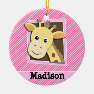 Giraffe on Pink & White Stripes Ceramic Ornament