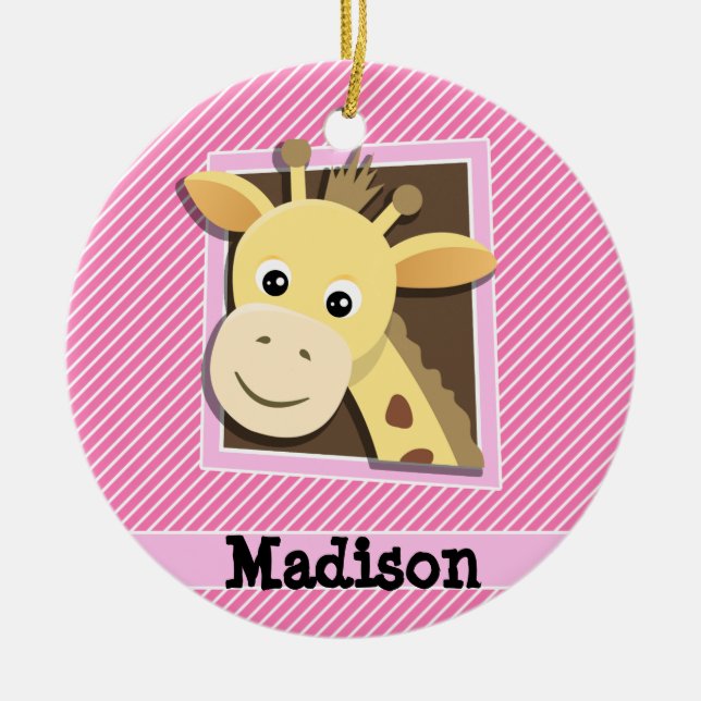 Giraffe on Pink & White Stripes Ceramic Ornament (Front)