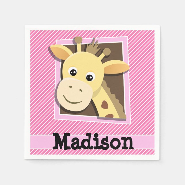 Giraffe on Pink & White Stripes Napkin (Front)