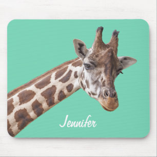 Giraffe on Teal Green Personalized Name Mouse Pad