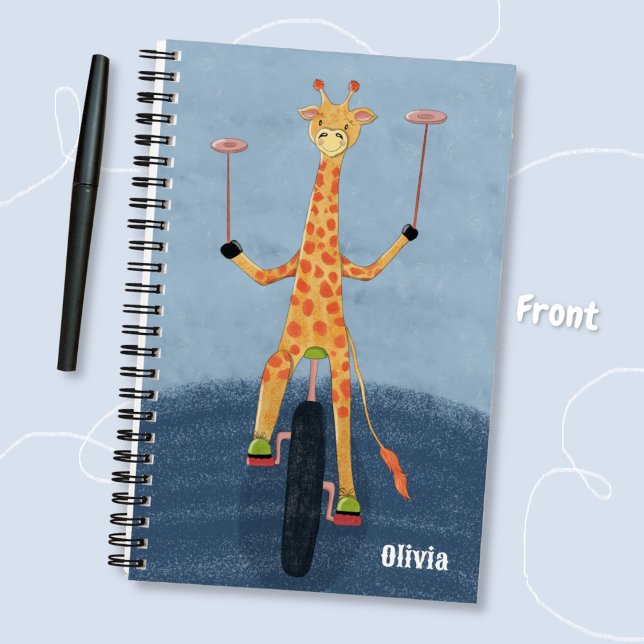 Giraffe on Unicycle Kid Blue Spiral Notebook (Cute giraffe on a unicycle blue personalized spiral notebook for kids )