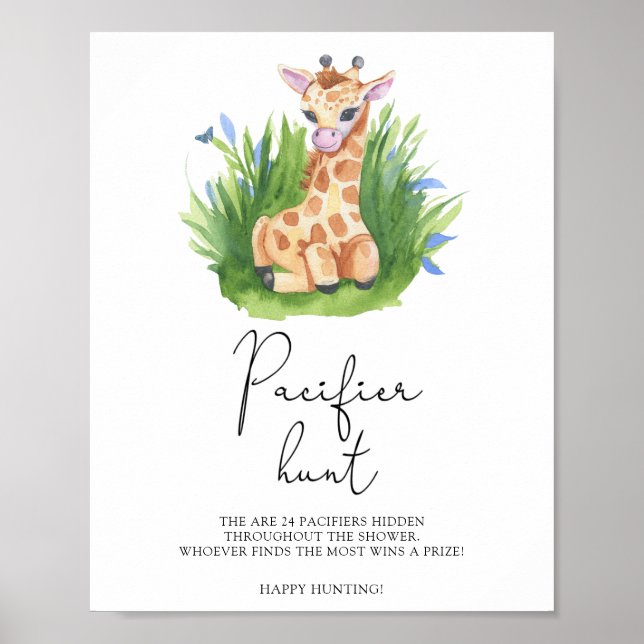 Giraffe - pacifier hunt baby shower game poster (Front)