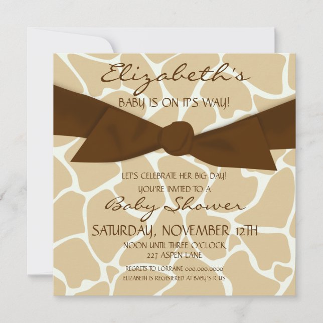 Giraffe Pattern Baby Shower Invite with Brown Bow (Front)
