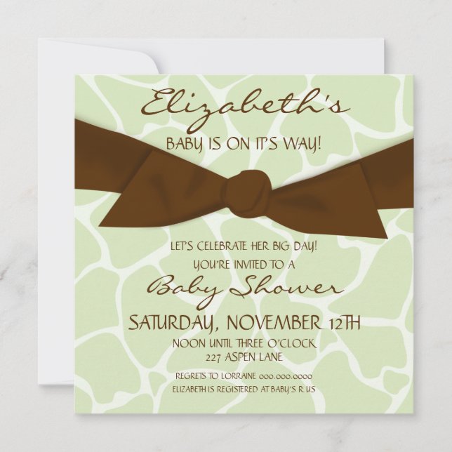 Giraffe Pattern Baby Shower Invite with Brown Bow (Front)