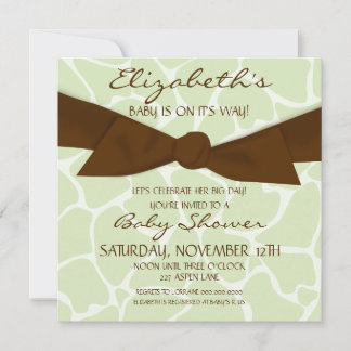 Giraffe Pattern Baby Shower Invite with Brown Bow