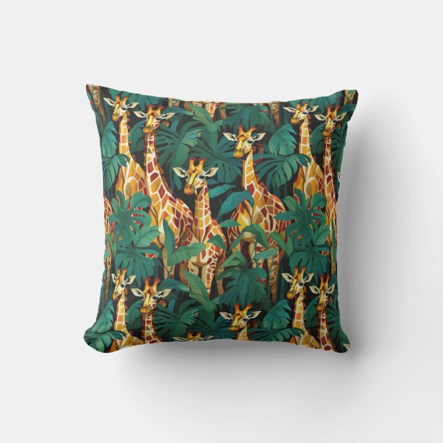 Giraffe Pattern in a Green Leafy Jungle Outdoor Pillow (Front)