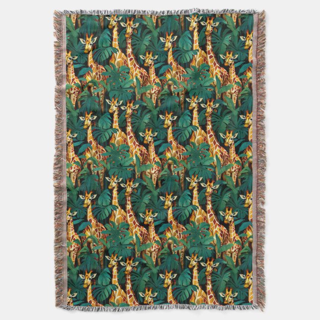 Giraffe Pattern in a Green Leafy Jungle Throw Blanket (Front Vertical)