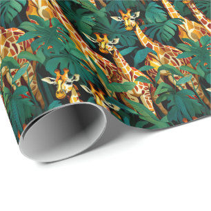 Giraffe Pattern in a Green Leafy Jungle Wrapping Paper