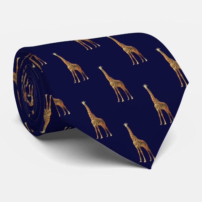 Giraffe Pattern On Dark Navy Blue Tie (Rolled)